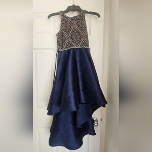 Xtraordinary Girls Satin High-low Party Dress Size 12 Navy Blue Pearls